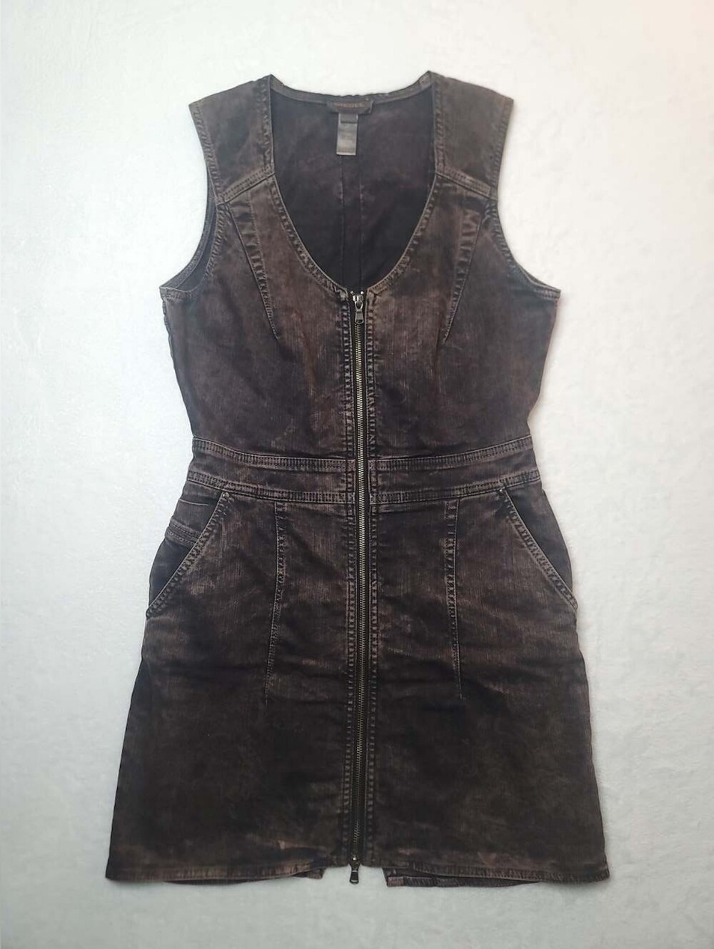 Diesel Mini Zip Front Denim Dress Vintage Sz Medium Brown Distressed Sleeveless